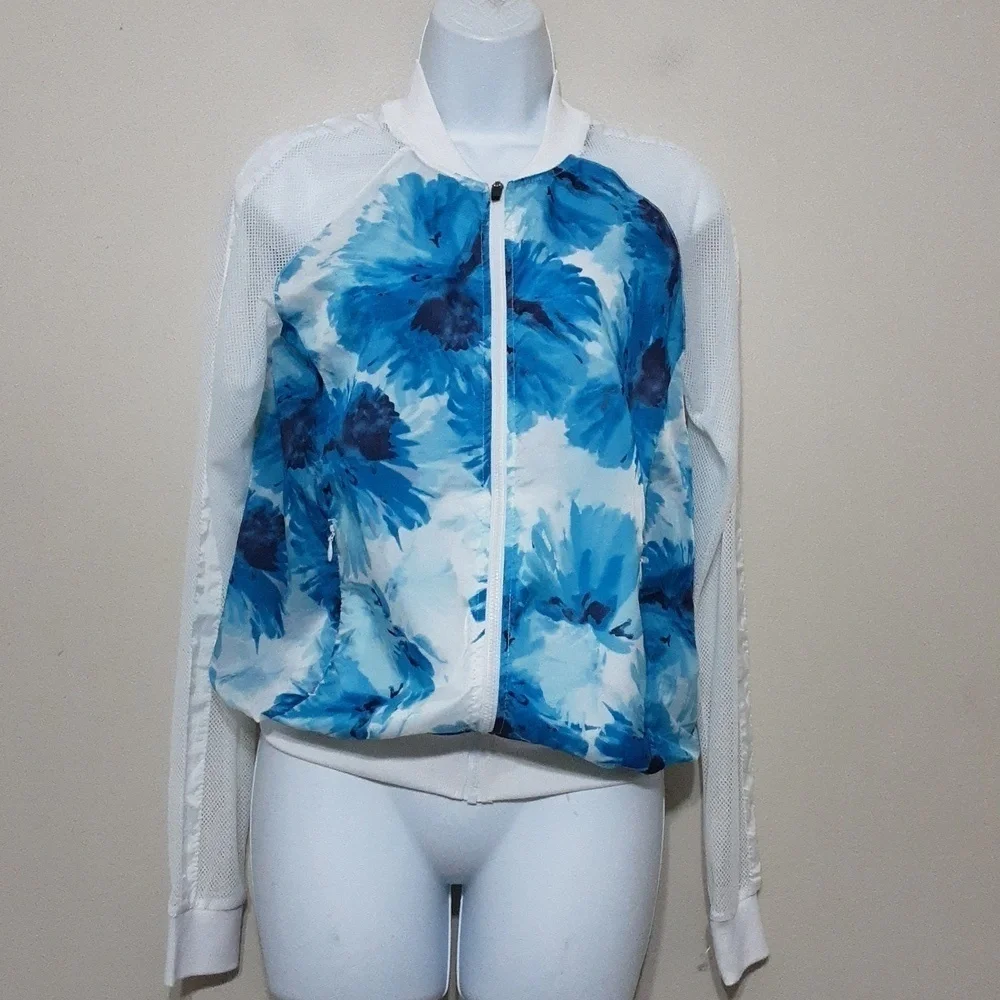 FABLETICS Women Blue Floral Mesh Long Sleeve Lightweight Zip Jacket XS retro y2k - Picture 2 of 10
